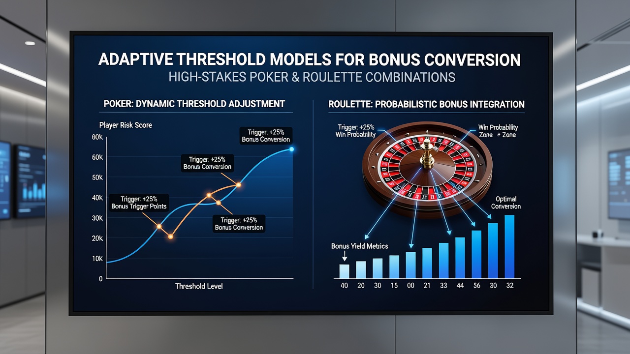 Flowchart showing data inputs from poker equity models feeding into roulette threshold recalibrations for unified bonus conversion