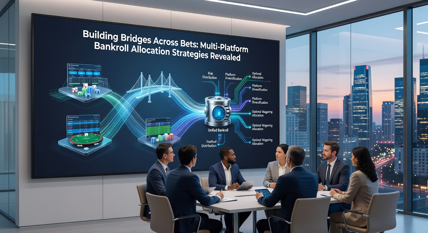Infographic of Kelly Criterion formula applied to pie charts splitting bankroll by platform type, with risk meters