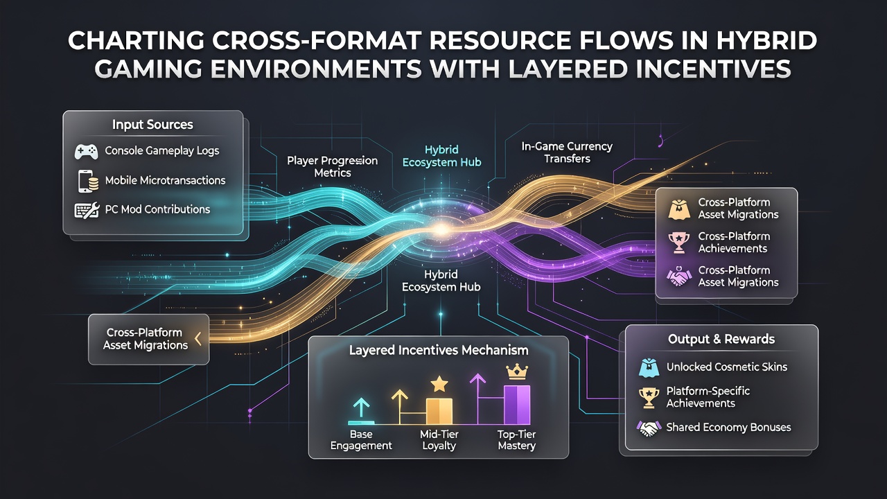 Diagram showing cross-format resource movements between console, PC, and mobile gaming platforms with incentive layers overlaid