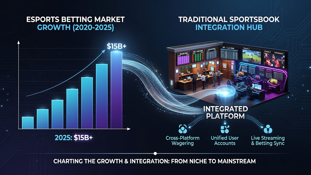 Growth chart showing esports betting market expansion alongside traditional sportsbook integration timelines from 2020 to 2026