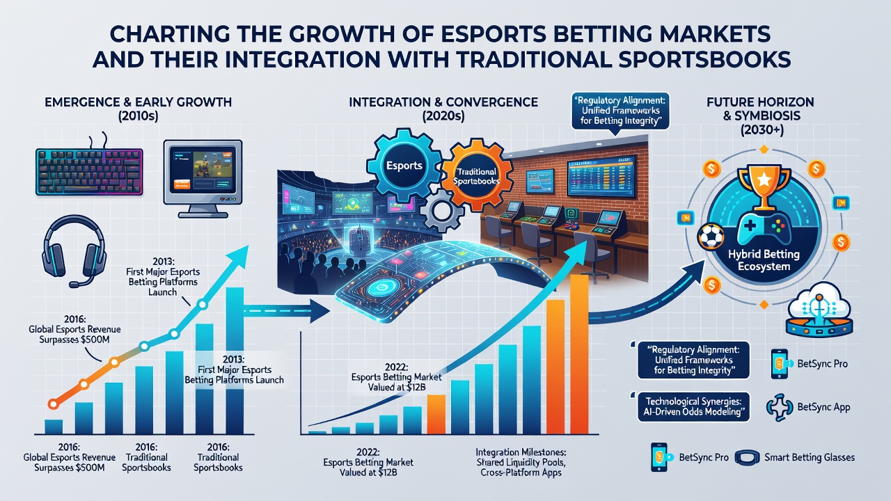 Esports arena with integrated betting terminals and sportsbook displays showing merged markets