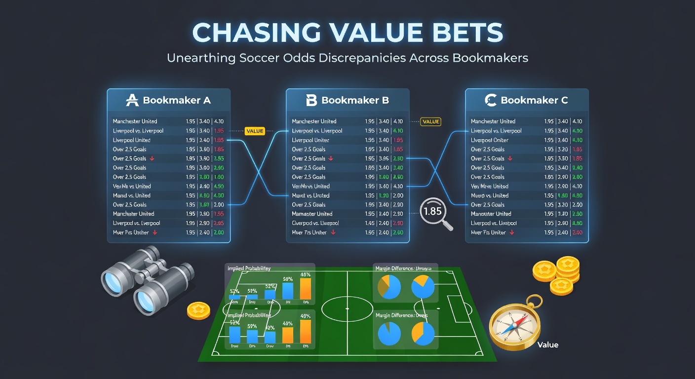 Digital dashboard displaying soccer match odds from multiple bookmakers, highlighting discrepancies in lines for a Premier League game