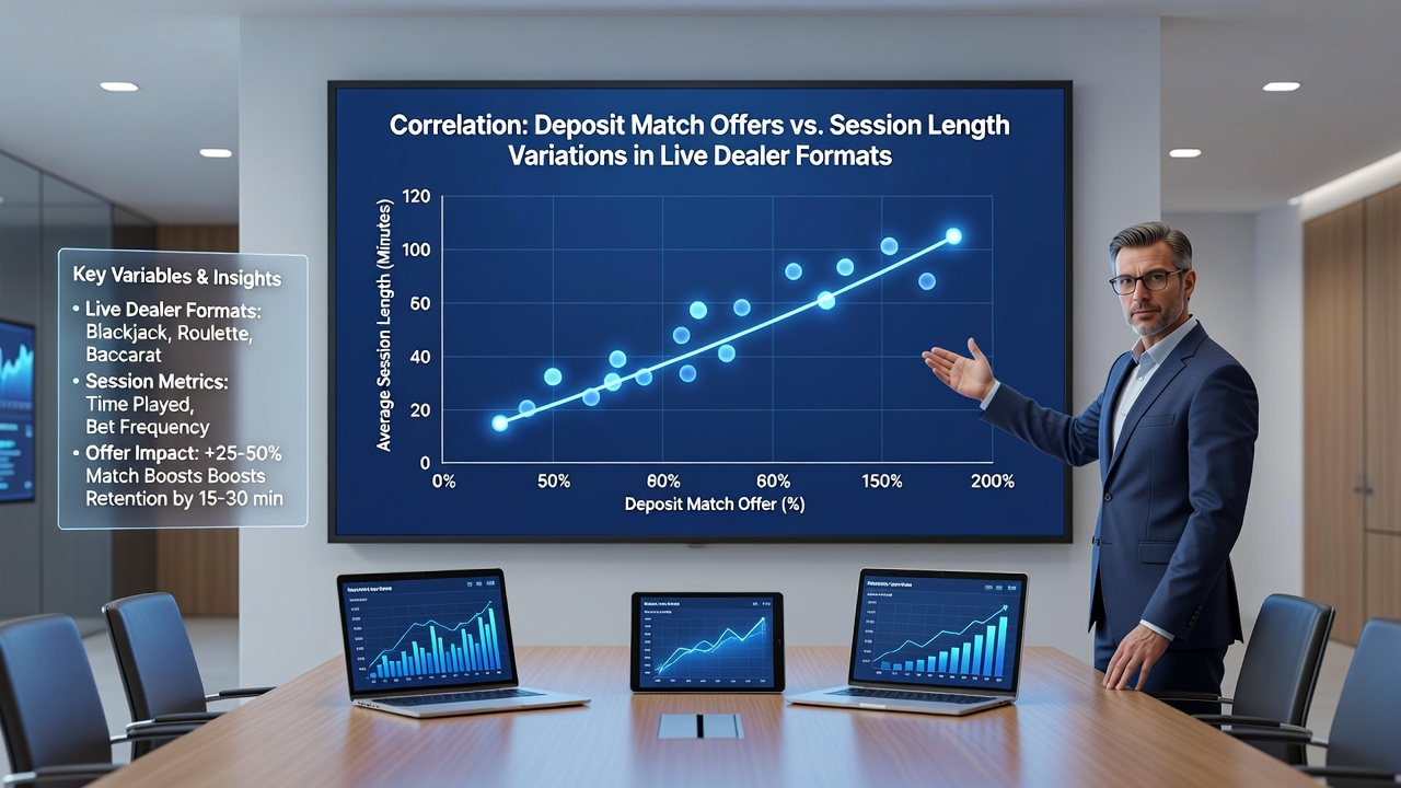 Detailed analytics dashboard displaying session length correlations with deposit match offers in live dealer roulette and blackjack streams