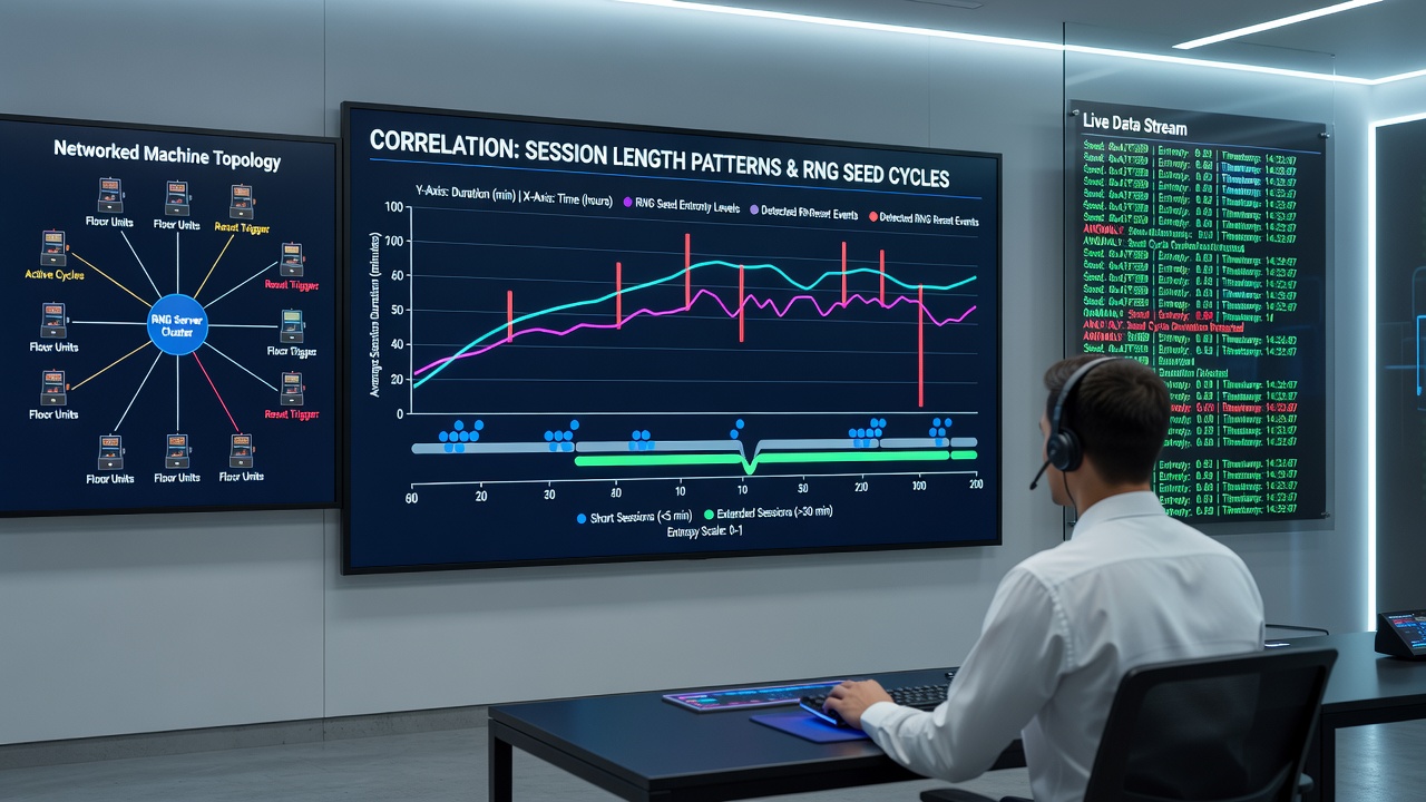 Data analysis screen displaying session logs and RNG seed cycle timelines from video poker network