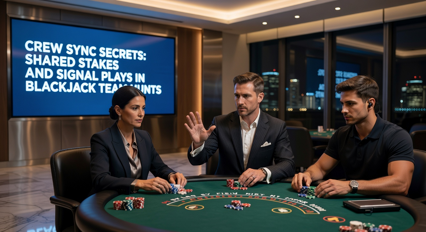 Group of blackjack players subtly exchanging signals at a crowded casino table, illustrating team coordination in action