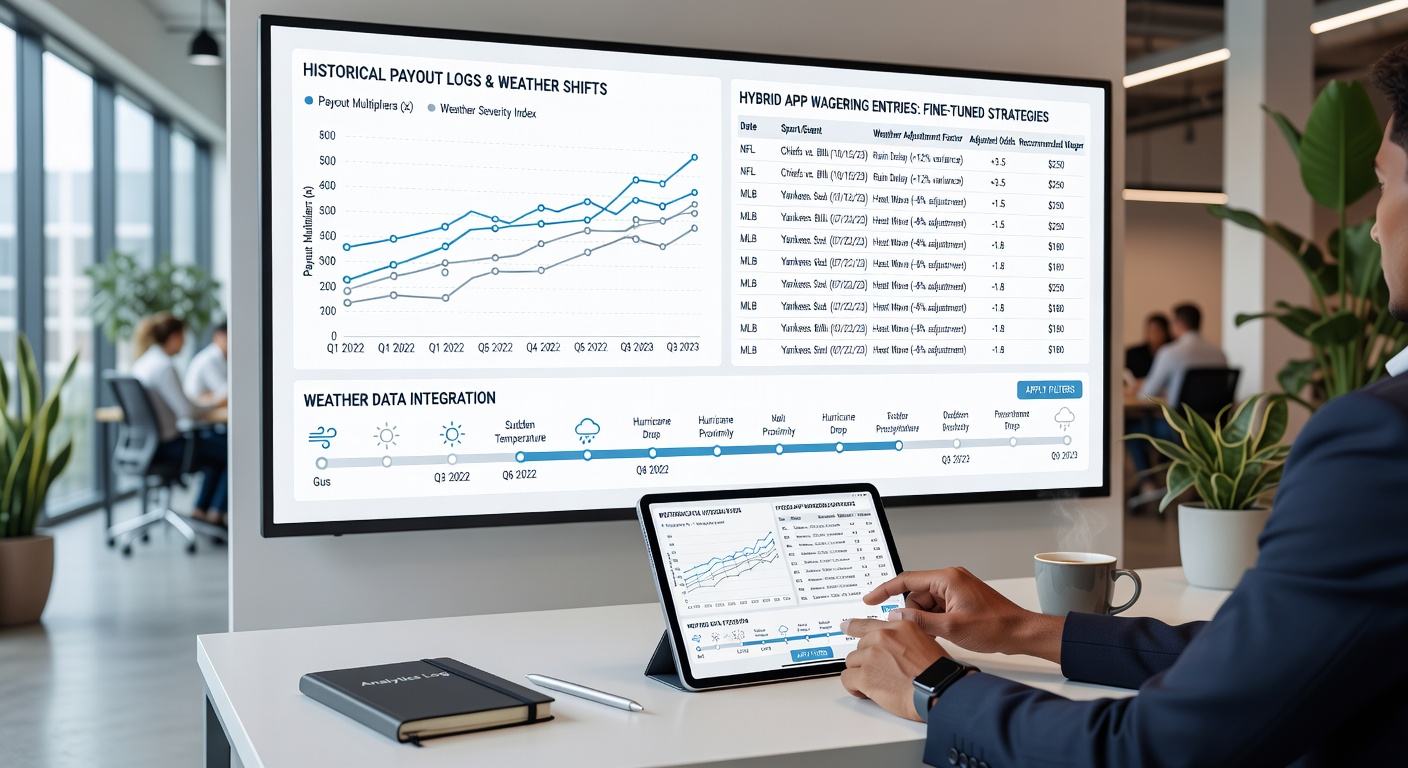 Sports bettors reviewing weather and payout data on hybrid betting apps