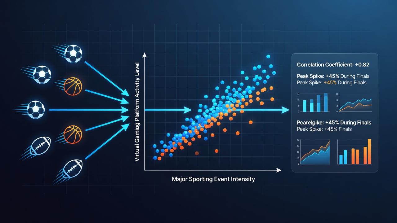 Visual representation of sporting event calendars overlaid with virtual gaming activity graphs showing correlation spikes