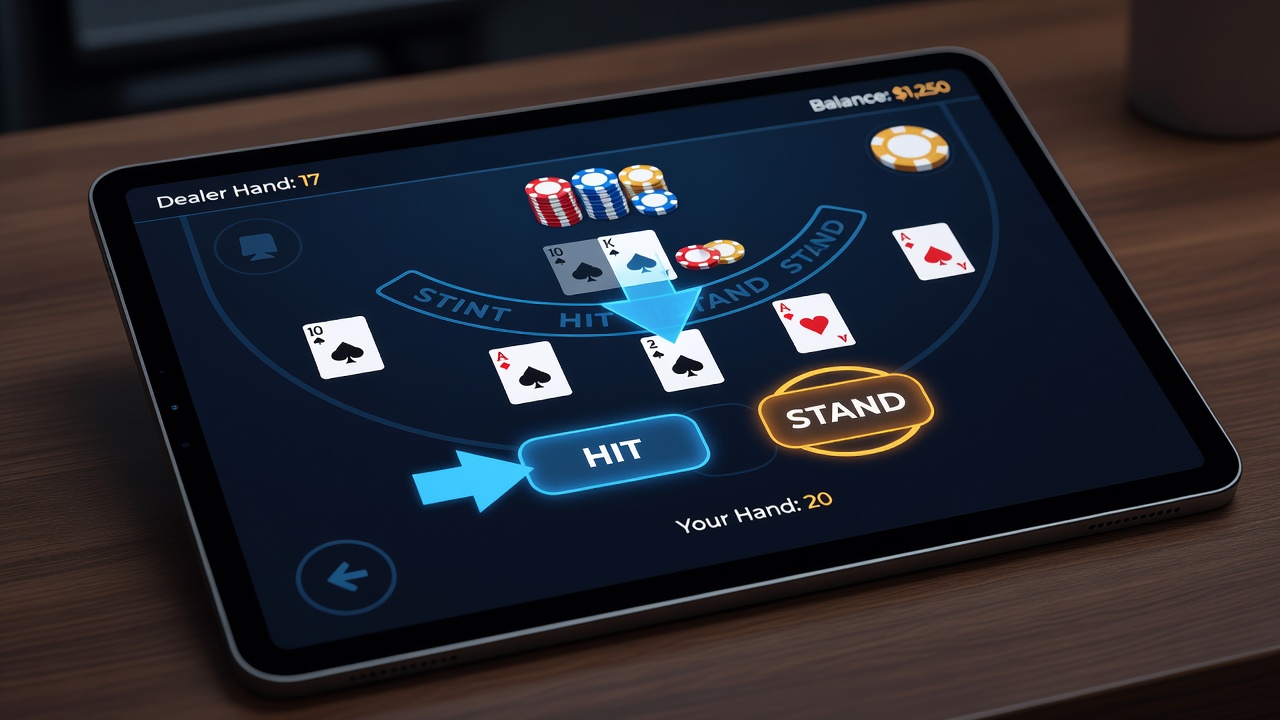 Virtual blackjack table interface showing prominent hit and stand buttons alongside bet sliders and card display areas