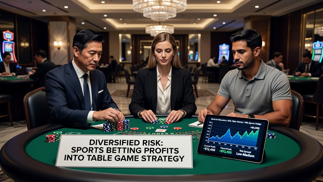 Players reviewing bankroll allocation charts that blend sports betting profits with table game strategies