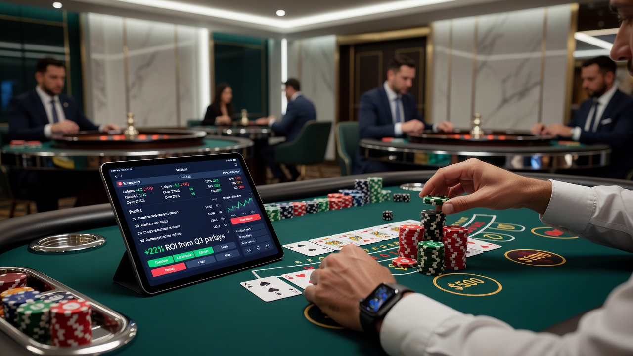 Table game layout with overlaid risk allocation diagrams showing sports profit distribution