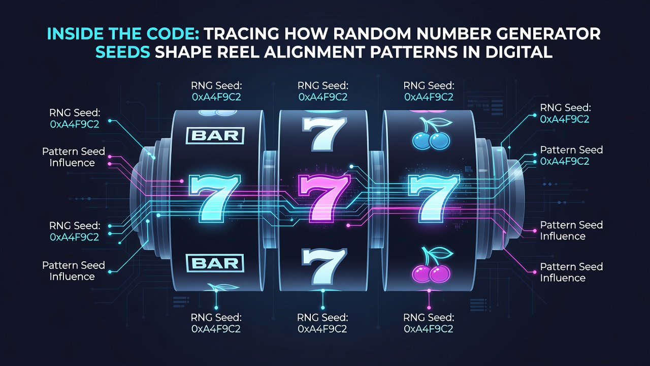 Close-up view of slot reel strips overlaid with numerical sequences generated from different seed values