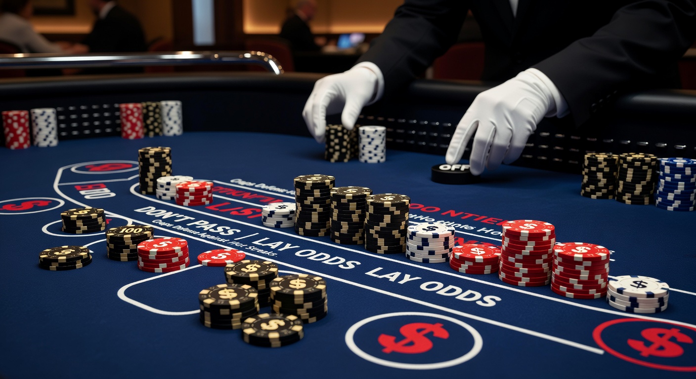 Close-up of layered Don't Pass and lay odds chips on a craps layout amid a heated streak