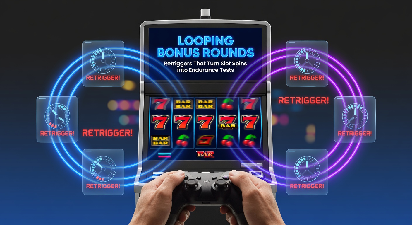 Vibrant slot machine screen capturing a bonus round in full swing, with cascading symbols, multiplier trackers climbing high, and retrigger notifications popping up repeatedly, illustrating the endurance test of looping free spins