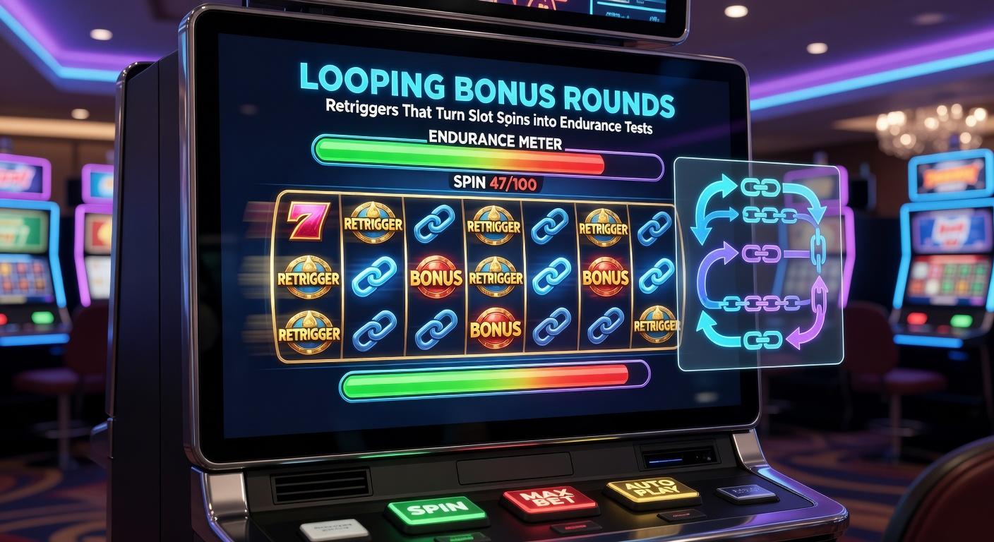 Close-up of a slot bonus paytable highlighting retrigger rules, multiplier loops, and maximum win caps, with glowing scatters and extended spin counters emphasizing the prolonged gameplay