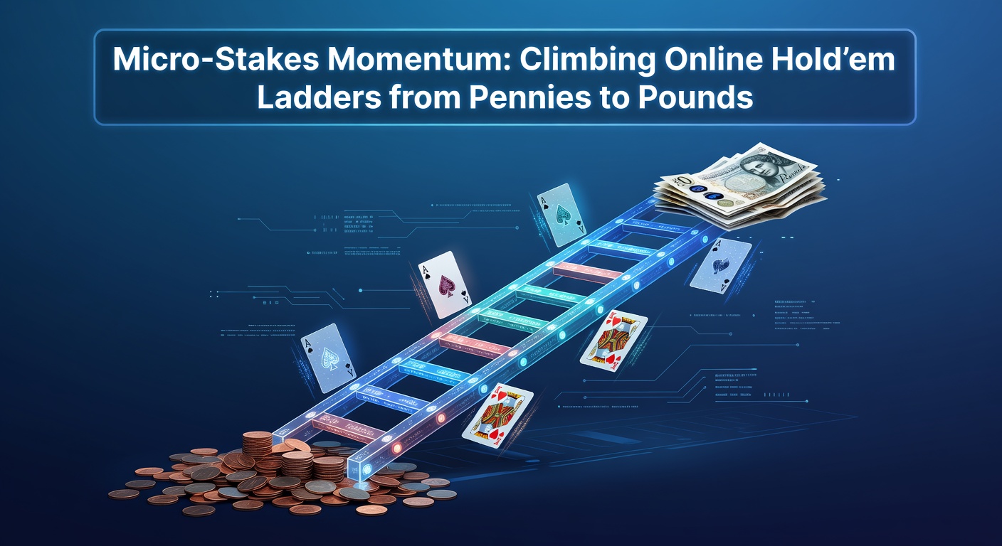 Online poker player focused on a micro-stakes Texas Hold'em table, chips stacked low but determination high