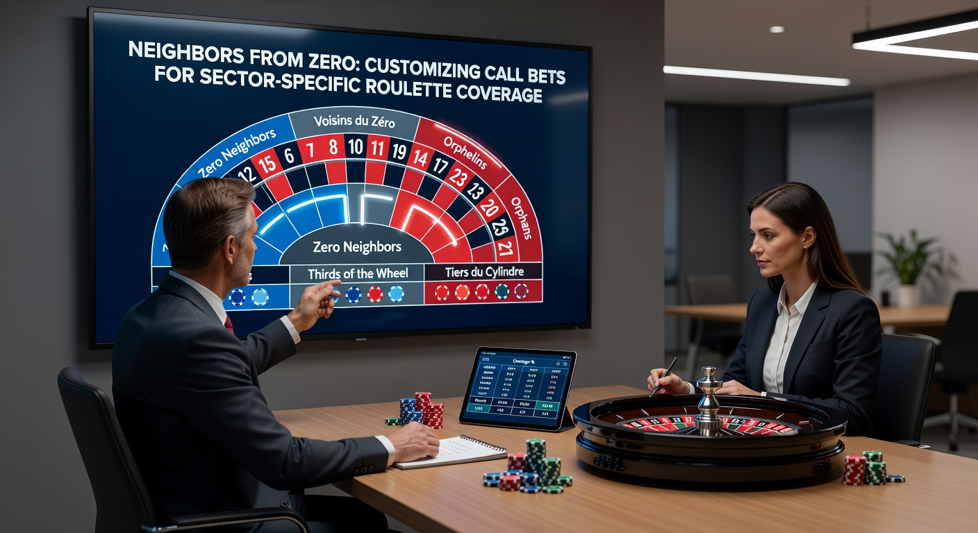 Close-up of a roulette racetrack with call bet annotations for customized neighbors from zero, illustrating sector adjustments and chip placements
