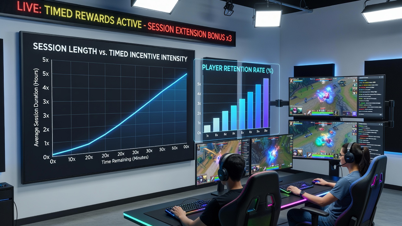 Analytics dashboard showing session duration graphs overlaid with incentive timer events from a live gaming broadcast