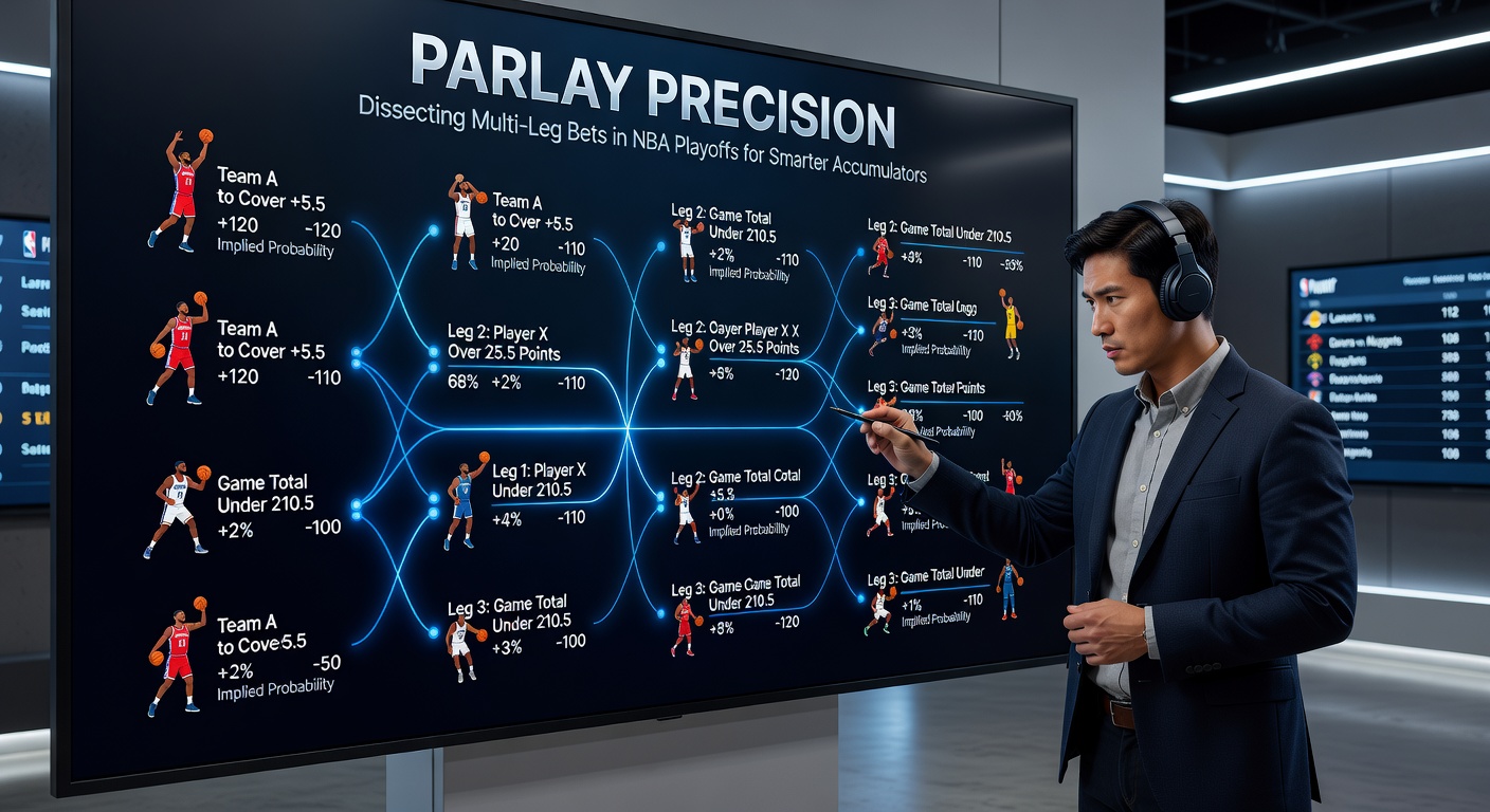 NBA playoff game action shot with overlaid parlay bet analytics, including win probabilities and historical hit rates for multi-leg combinations