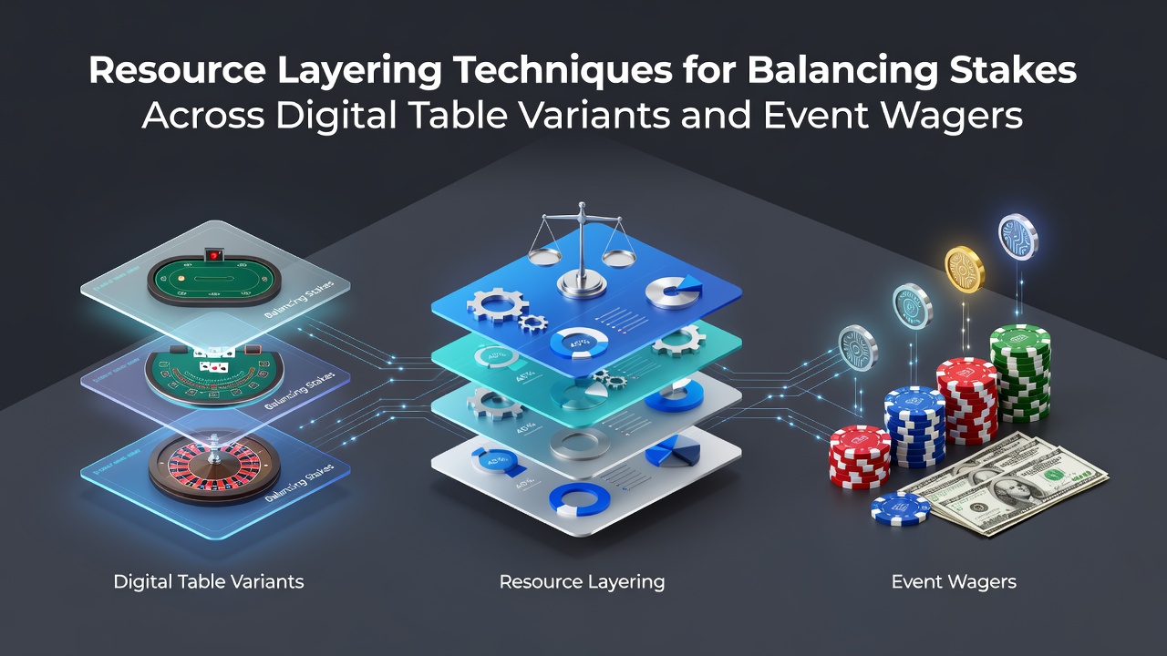 Illustration of layered bankroll allocation across digital poker tables, roulette wheels, and sports event wagers on multiple screens