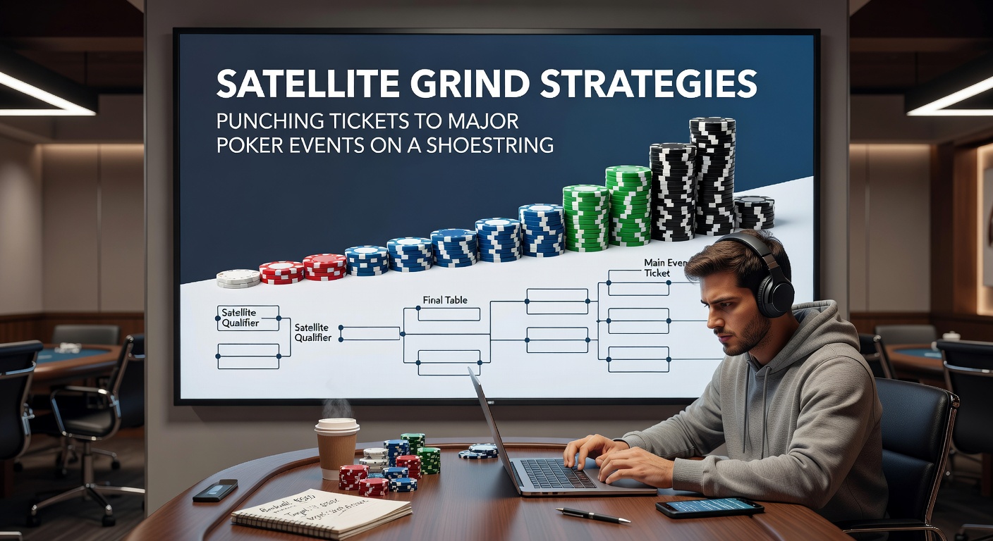 Intense poker players at a satellite tournament table, stacks of chips in play as they vie for a major event seat