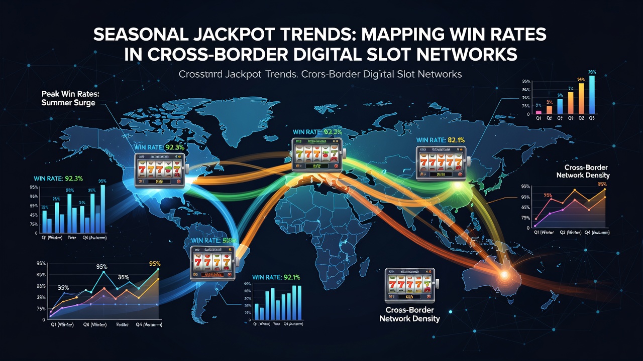 Digital slot network visualization showing seasonal jackpot patterns across global platforms