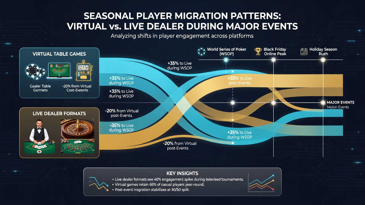 Graph depicting seasonal migration trends between virtual and live dealer table games amid football events