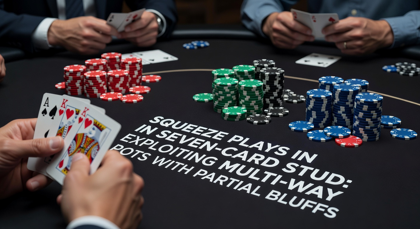 Close-up of Seven-Card Stud players at a table during a tense multi-way pot, cards fanned out showing partial draws and betting action