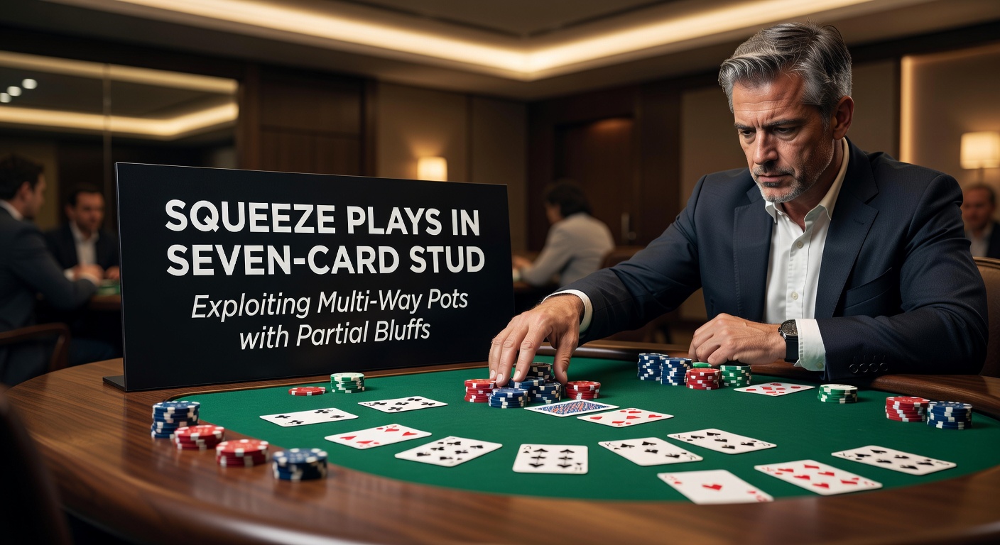 Diagram of a Seven-Card Stud squeeze play sequence, illustrating third and fourth street action in a four-way pot with partial bluff ranges highlighted
