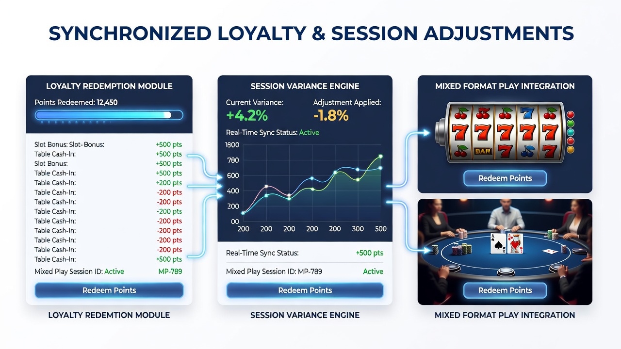 Digital interface displaying loyalty point synchronization across slot machines and blackjack tables