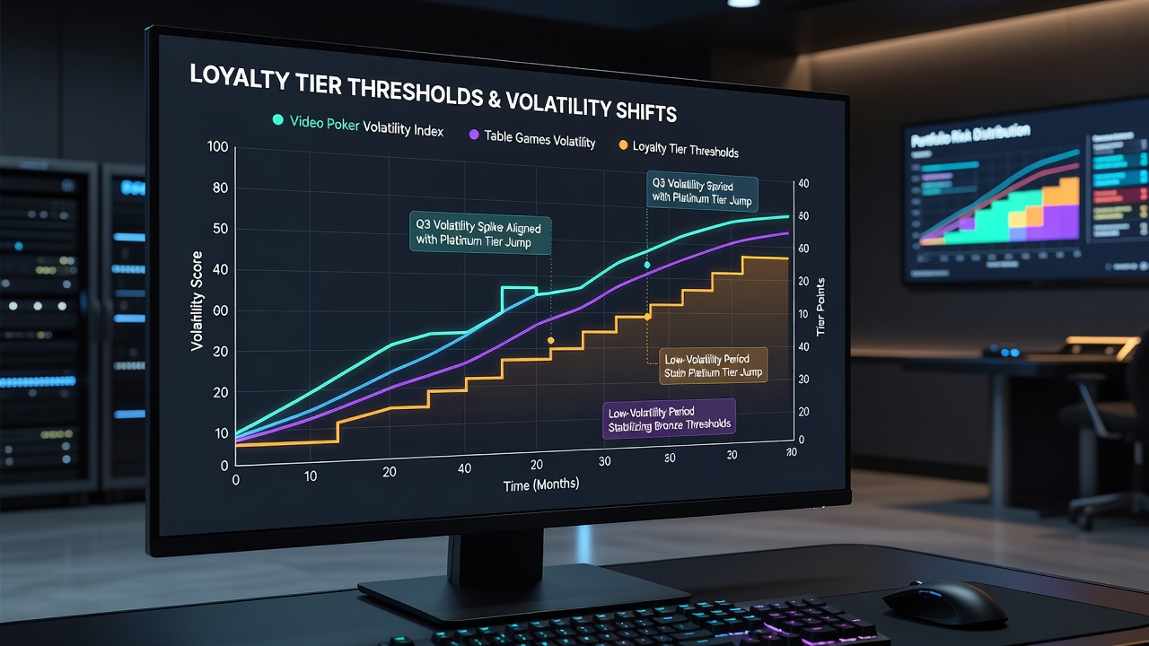 Data visualization dashboard displaying loyalty tier thresholds mapped against game volatility indices for video poker and table games
