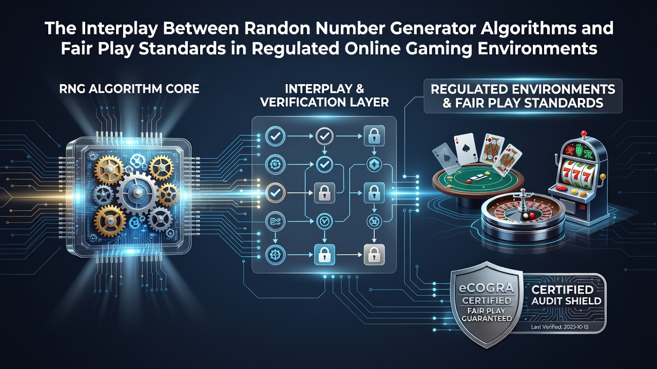 Diagram showing random number generator algorithms integrated with online gaming servers and regulatory compliance checks