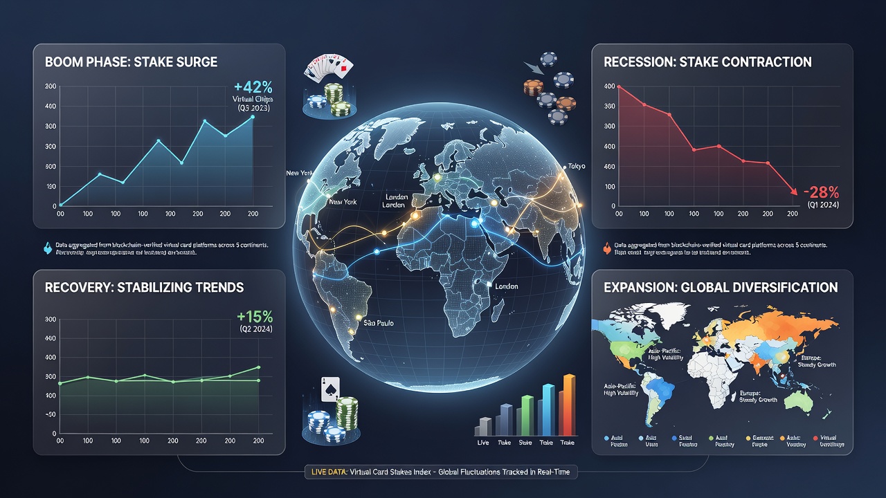 Charts displaying stake volume trends in virtual card games alongside GDP and employment data from multiple continents
