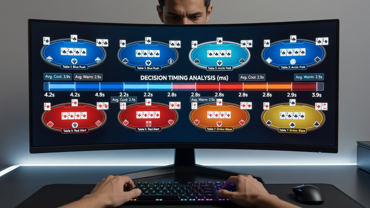 Split view of multi-table poker interface highlighting color adjustments and timing metrics